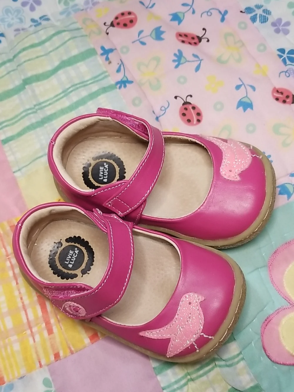 Livie & Luca Pink Leather Mary Jane Shoes with Pink Glitter Bird Size 5 Pio Pio